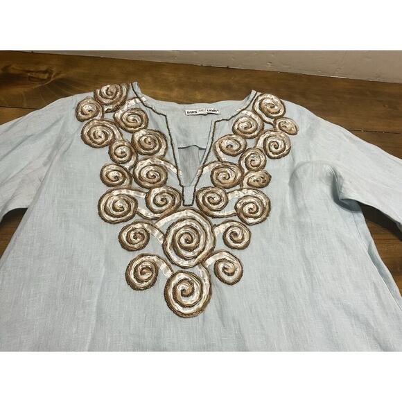 Barbara Gerwit Blue Linen Embroidery Tunic Top Blouse Cover Up Medium - Picture 7 of 14